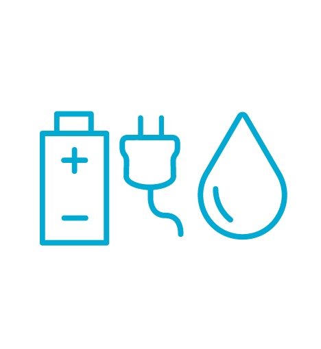 Ícones de bateria, tomada e gota